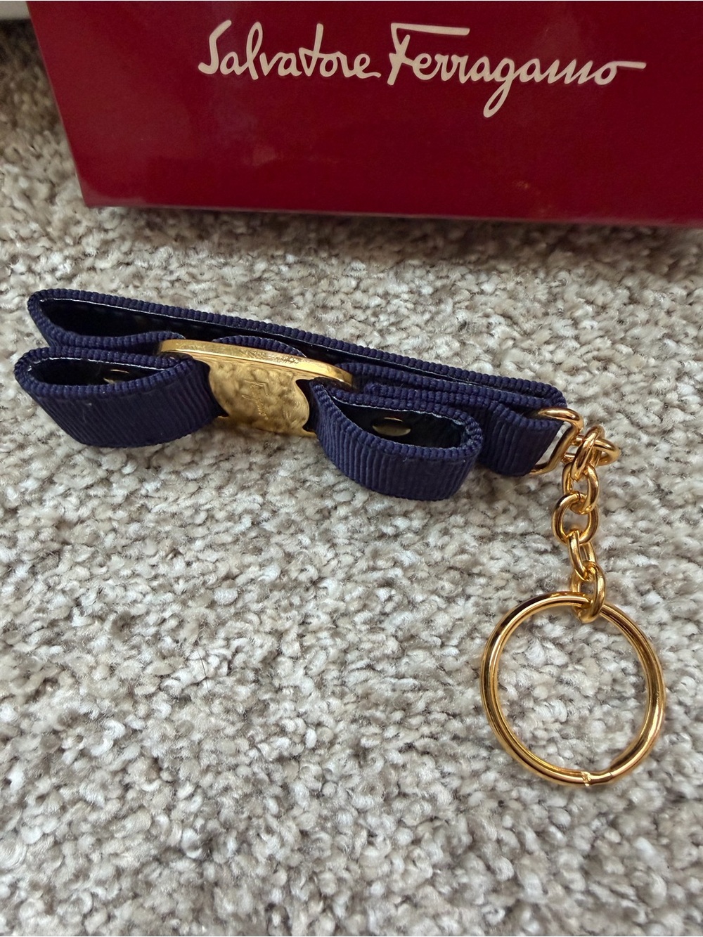 Salvatore Ferragamo Vara Bow Ribbon Keychain – Navy Grosgrain & Gold Tone - Picture 7 of 7